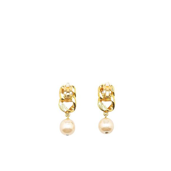 Pre Loved Chanel Chain Pearl Drop Earrings Women Gold - Picture 2 of 3